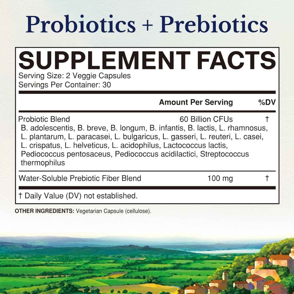 Tabla nutricional del suplemento Vitalitown Probióticos y Prebióticos 60 cápsulas