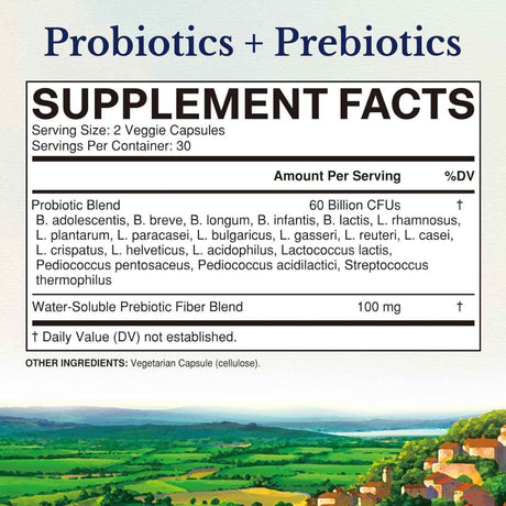 Tabla nutricional del suplemento Vitalitown Probióticos y Prebióticos 60 cápsulas