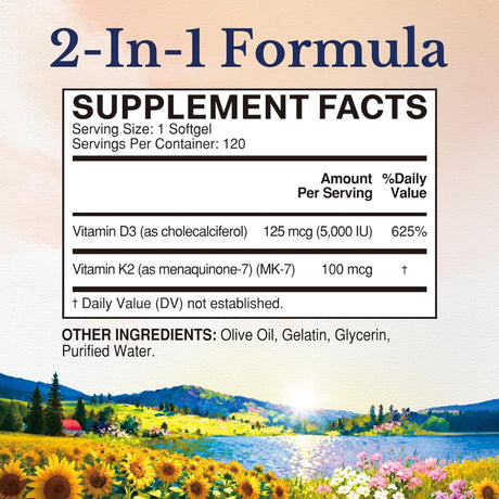 Tabla nutricional del suplemento Vitalitown Vitamina D3 + K2 120 cápsulas blandas