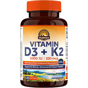 Frasco de suplemento Vitalitown Vitamina D3 + K2 120 cápsulas blandas