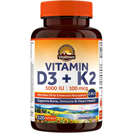 Frasco de suplemento Vitalitown Vitamina D3 + K2 120 cápsulas blandas