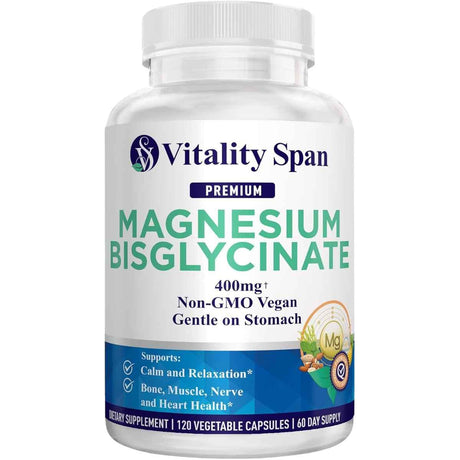 Vitality Span bisglicinato de magnesio 400 mg por porción, frasco de 120 cápsulas