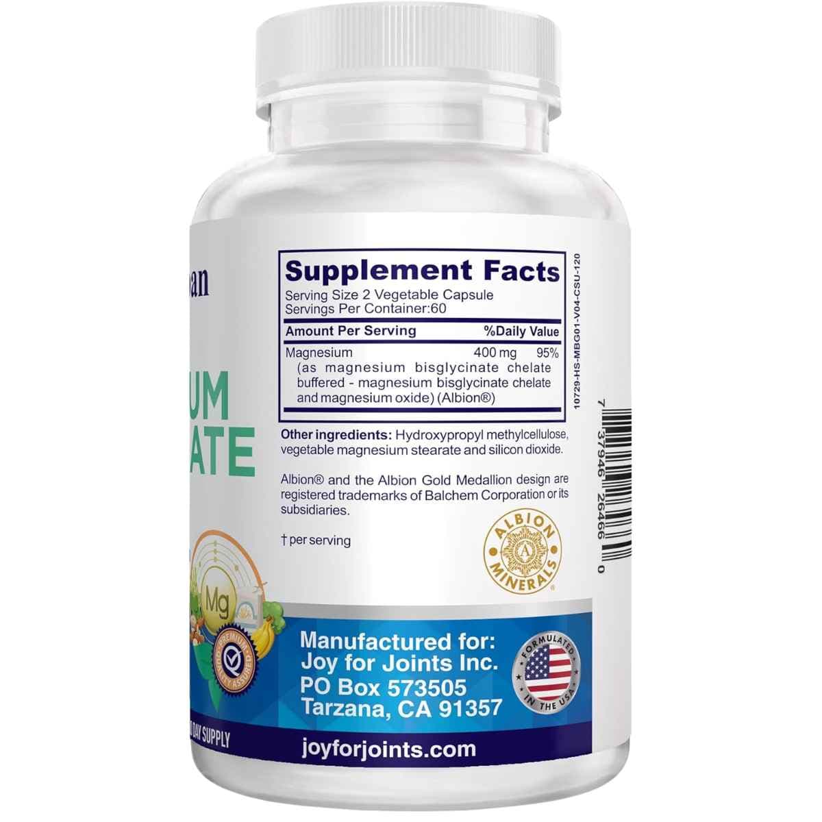 Información del suplemento Vitality Span bisglicinato de magnesio 400 mg por porción