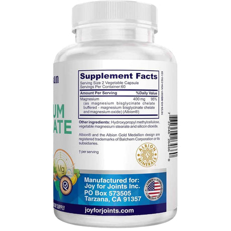 Información del suplemento Vitality Span bisglicinato de magnesio 400 mg por porción