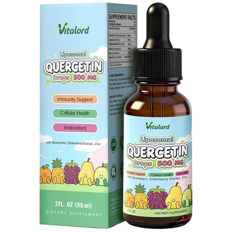 Frasco y caja de quercetina liposomal Vitalord en gotas 500 mg por porción con presentación de 60 ml