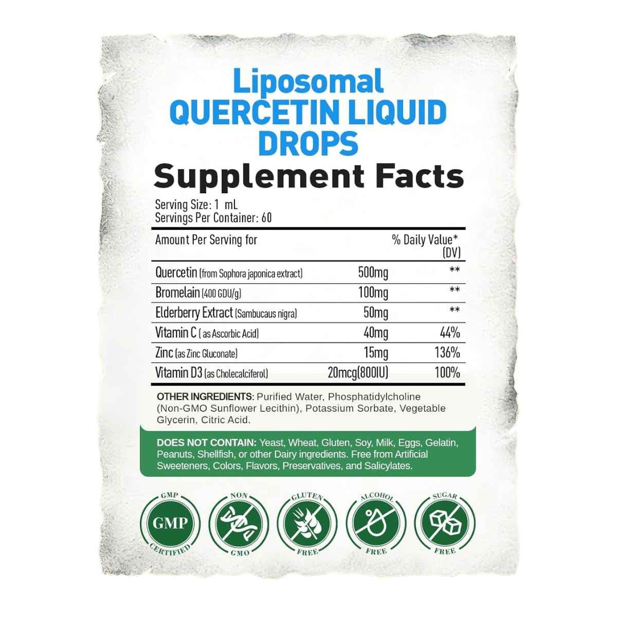 Tabla nutricional de quercetina liposomal Vitalord en gotas con porción de 1 ml y fórmula combinada