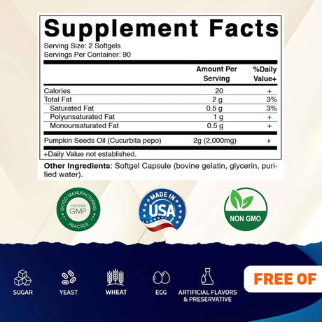 Tabla nutricional del suplemento Vitamatic Aceite de Semilla de Calabaza 180 cápsulas blandas