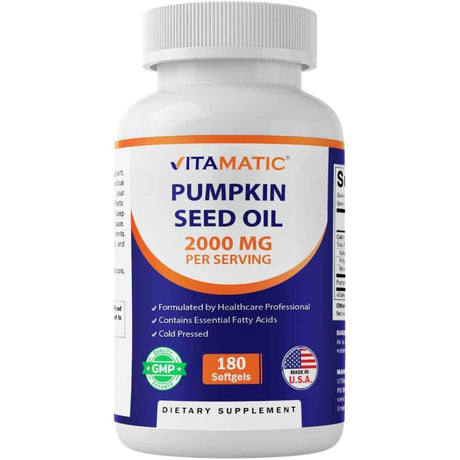 Frasco de suplemento Vitamatic Aceite de Semilla de Calabaza 180 cápsulas blandas