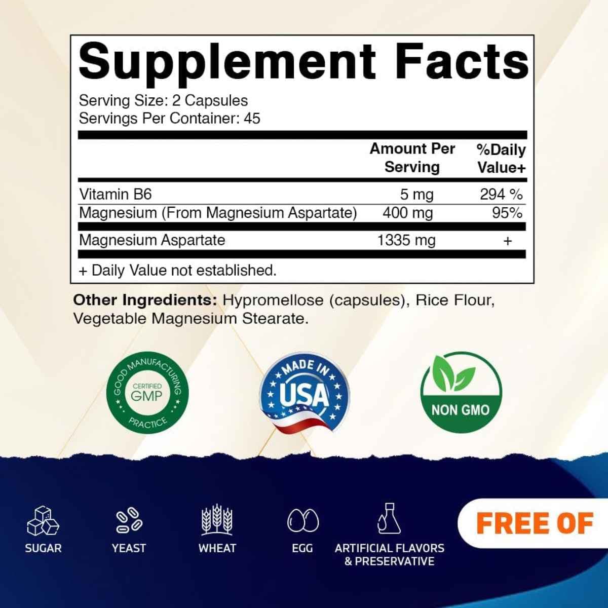 Panel de información del suplemento de Vitamatic aspartato de magnesio, 90 cápsulas vegetarianas.
