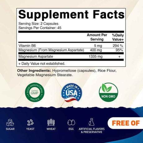 Panel de información del suplemento de Vitamatic aspartato de magnesio, 90 cápsulas vegetarianas.