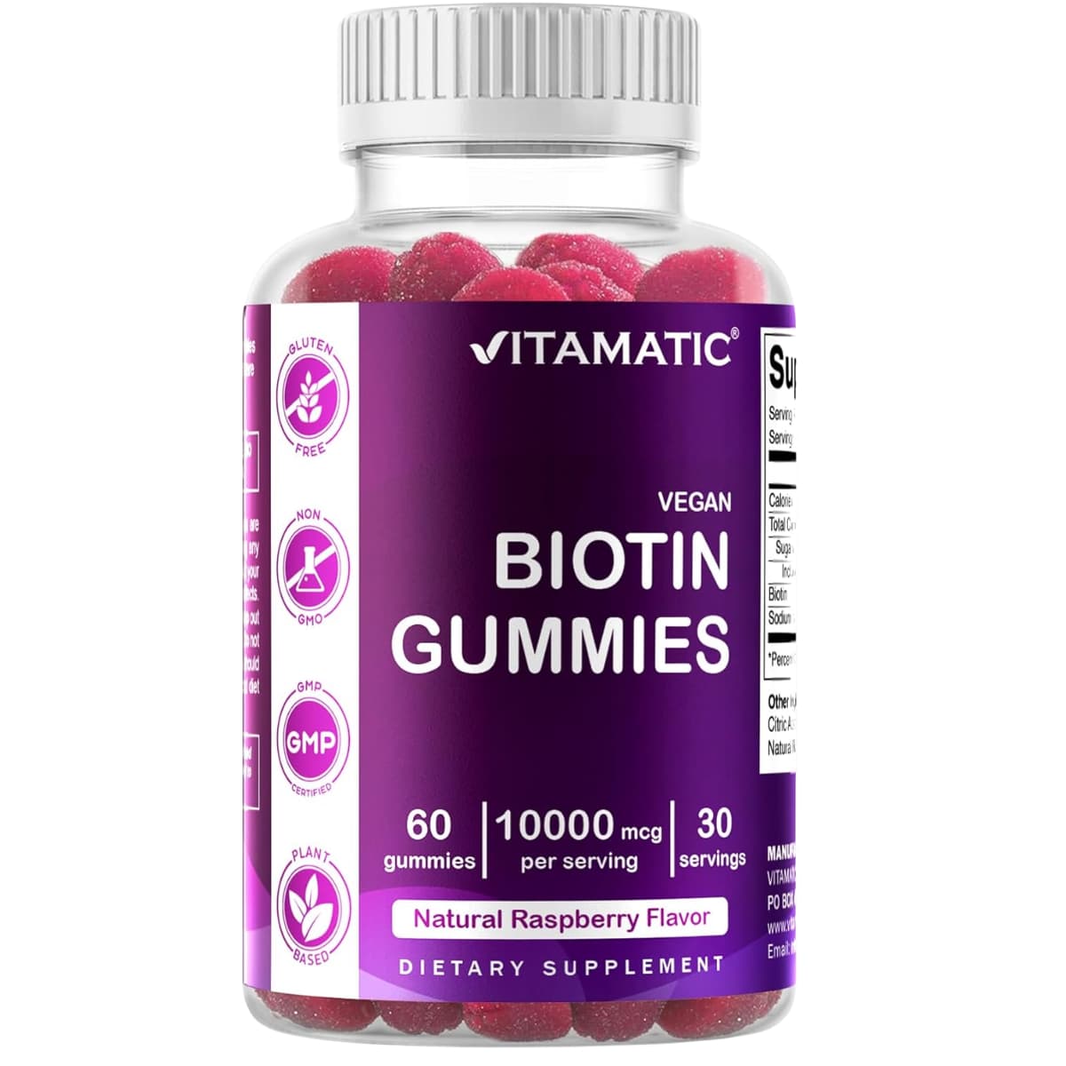 Frasco de suplemento Vitamatic Biotina Frambuesa 10.000 mcg 60 gomitas
