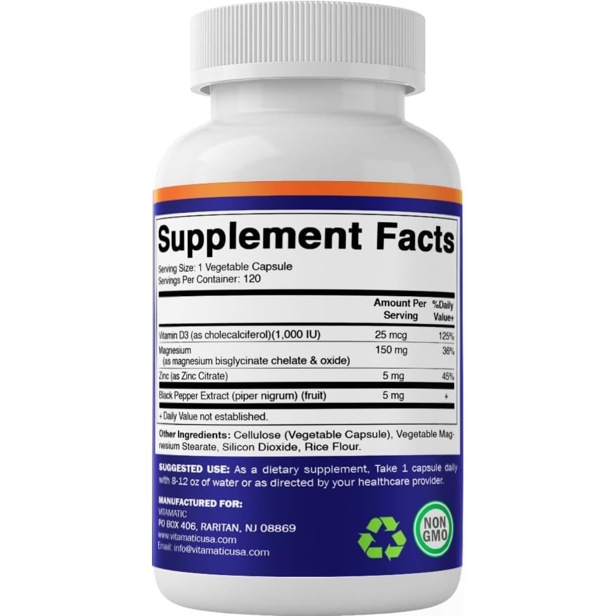 Tabla nutricional Supplement Facts del suplemento Vitamatic con bisglicinato de magnesio, vitamina D3 y zinc, con ingredientes y tamaño de porción