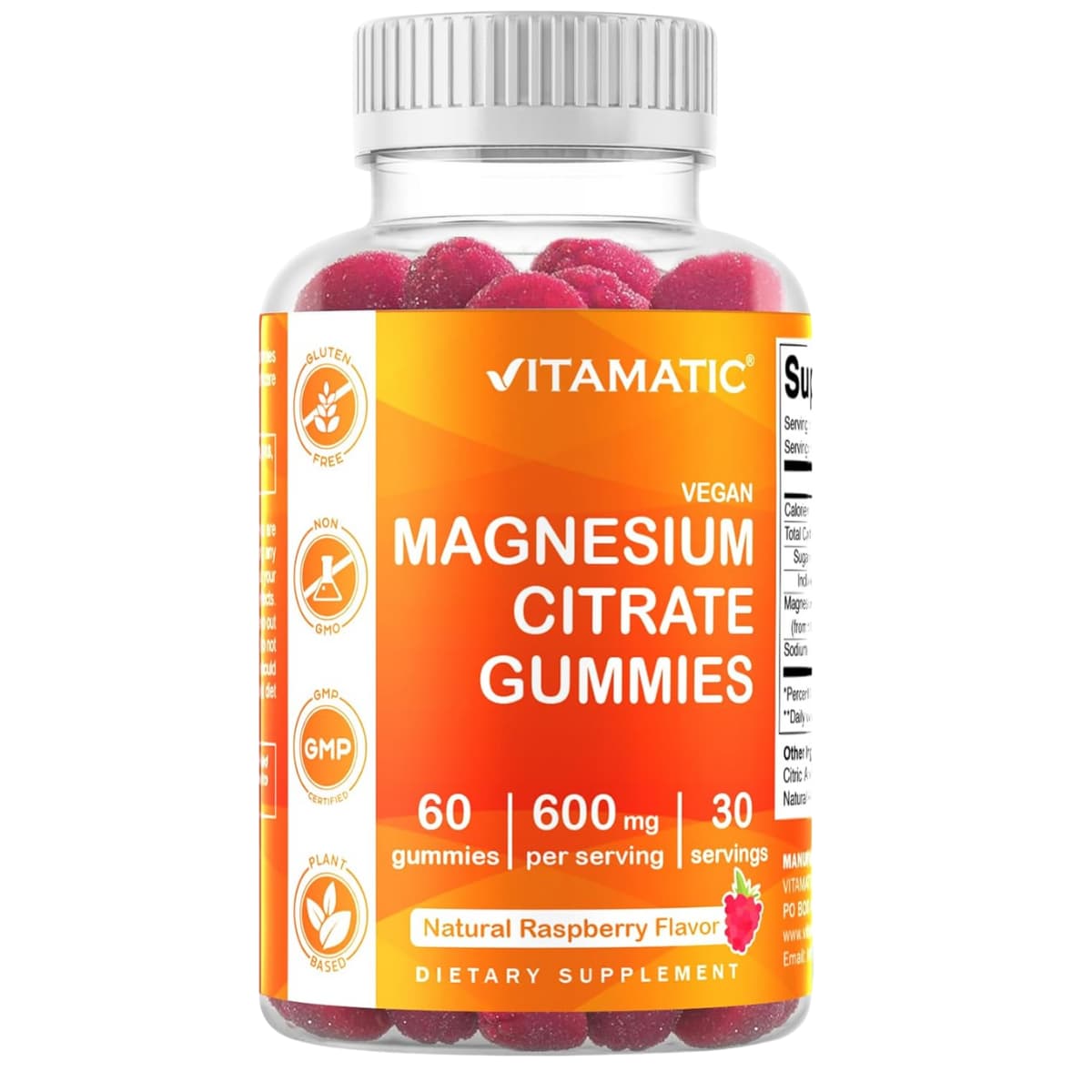 Frasco de suplemento Vitamatic Citrato de Magnesio Gomitas de Frambuesa 600 mg 60 gomitas