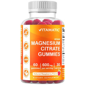 Frasco de suplemento Vitamatic Citrato de Magnesio Gomitas de Frambuesa 600 mg 60 gomitas