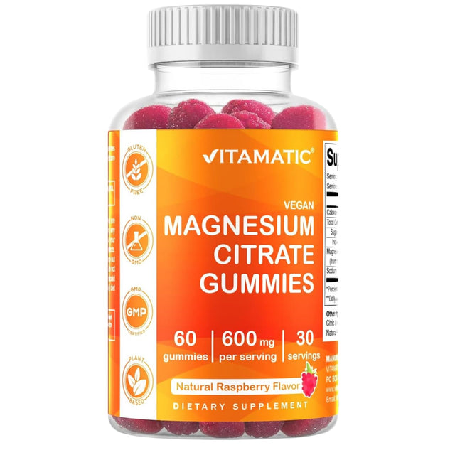 Frasco de suplemento Vitamatic Citrato de Magnesio Gomitas de Frambuesa 600 mg 60 gomitas
