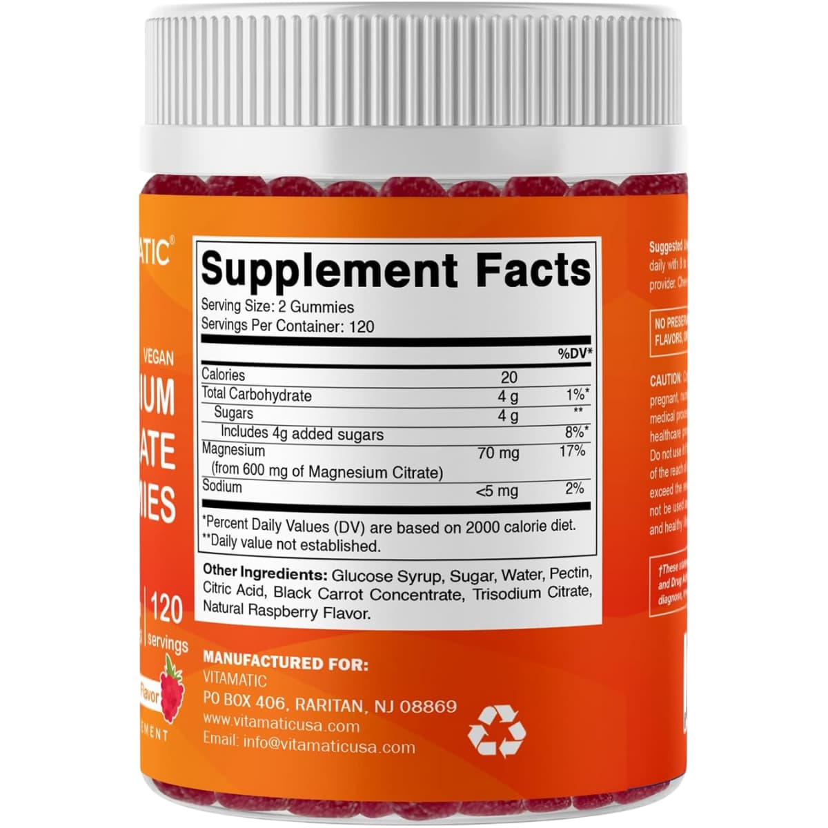 Tabla nutricional del suplemento Vitamatic Citrato de Magnesio Gomitas de Frambuesa 600 mg 240 gomitas