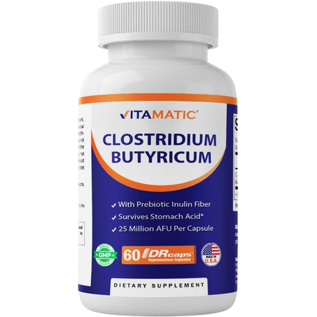 Frasco frontal de Vitamatic Clostridium butyricum con inulina, 25 millones de AFU por cápsula y 60 cápsulas
