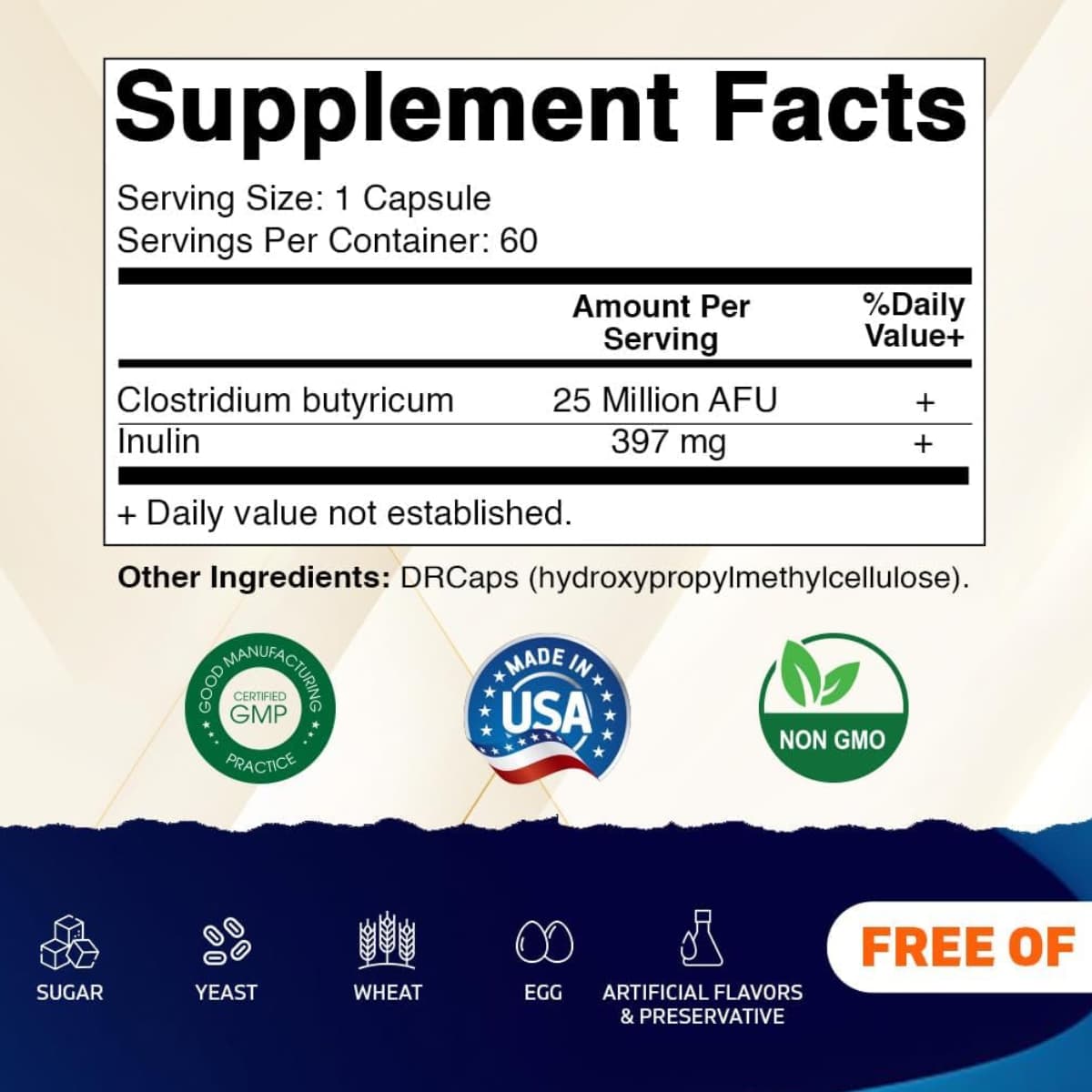 Información del suplemento Vitamatic Clostridium butyricum con 25 millones de AFU, inulina 397 mg y 60 cápsulas