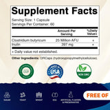 Información del suplemento Vitamatic Clostridium butyricum con 25 millones de AFU, inulina 397 mg y 60 cápsulas