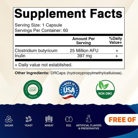 Información del suplemento Vitamatic Clostridium butyricum con 25 millones de AFU, inulina 397 mg y 60 cápsulas