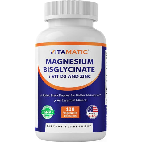 Envase frontal del suplemento Vitamatic con bisglicinato de magnesio, vitamina D3 y zinc en presentación de 120 cápsulas vegetales