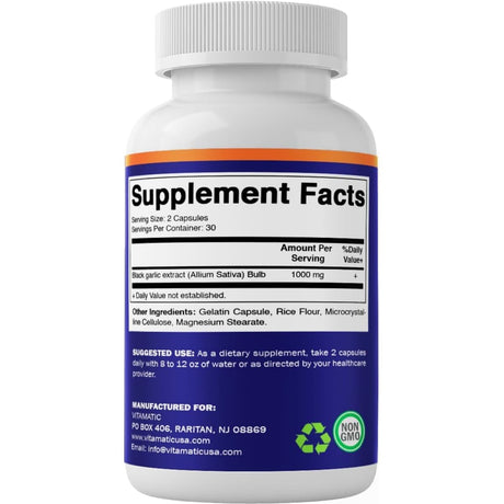 Tabla nutricional del suplemento Vitamatic Extracto de Ajo Negro Fermentado 1000 mg 60 cápsulas