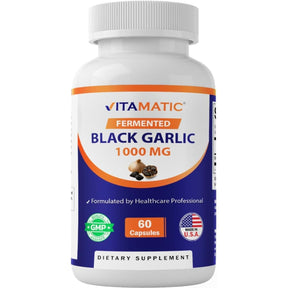 Frasco de suplemento Vitamatic Extracto de Ajo Negro Fermentado 1000 mg 60 cápsulas