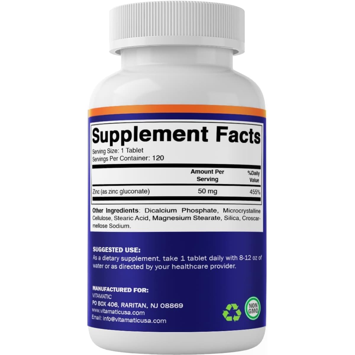 Tabla nutricional del suplemento Vitamatic Gluconato de Zinc 50 mg 120 tabletas