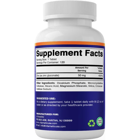 Tabla nutricional del suplemento Vitamatic Gluconato de Zinc 50 mg 120 tabletas