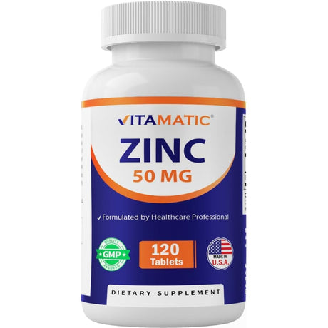 Frasco de suplemento Vitamatic Gluconato de Zinc 50 mg 120 tabletas