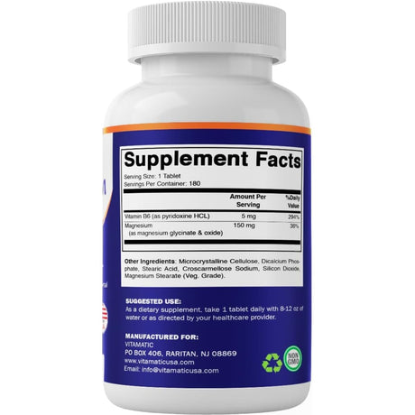 Tabla nutricional del suplemento Vitamatic Magnesio con B6 150 mg 180 tabletas