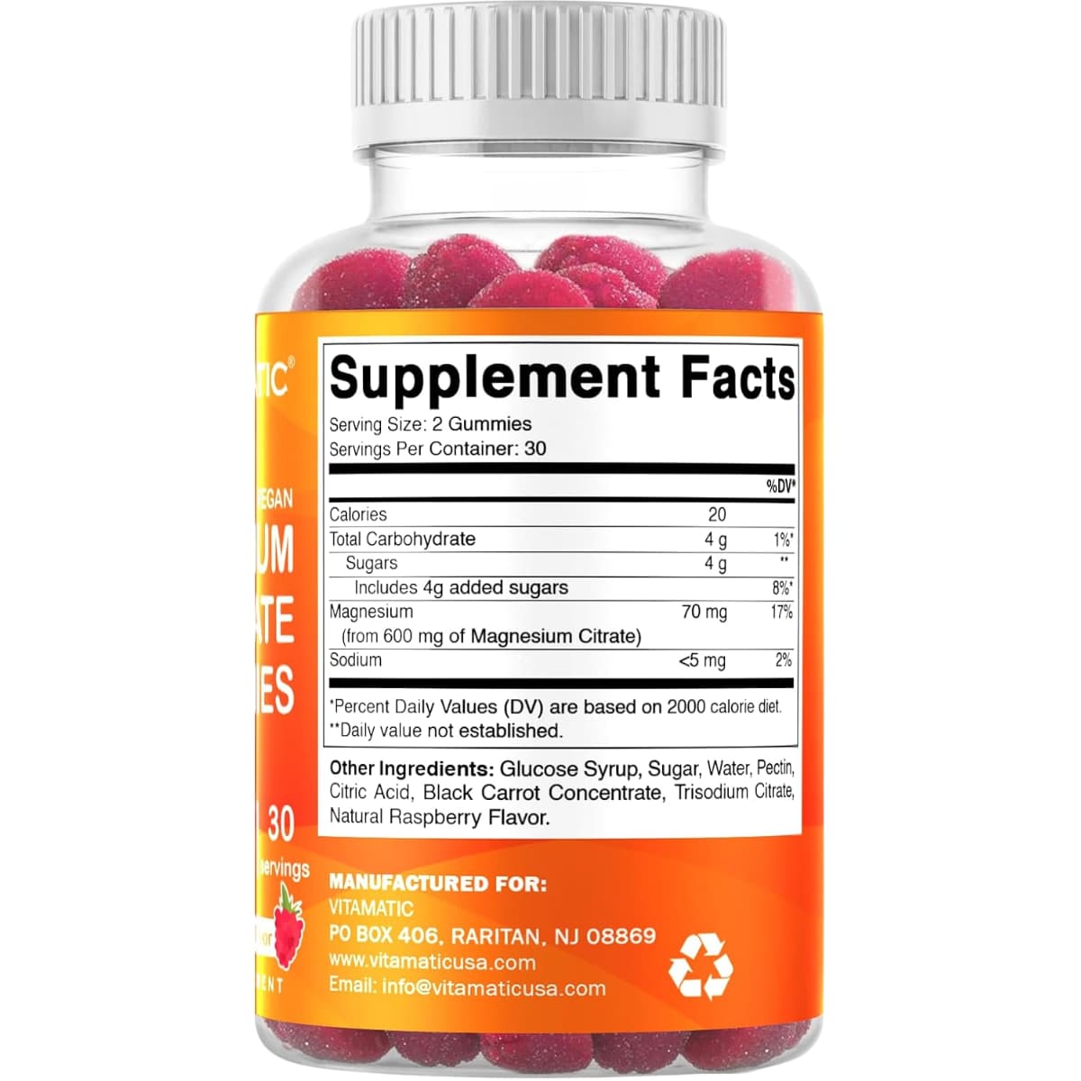 Tabla nutricional del suplemento Vitamatic Citrato de Magnesio Gomitas de Frambuesa 600 mg 60 gomitas