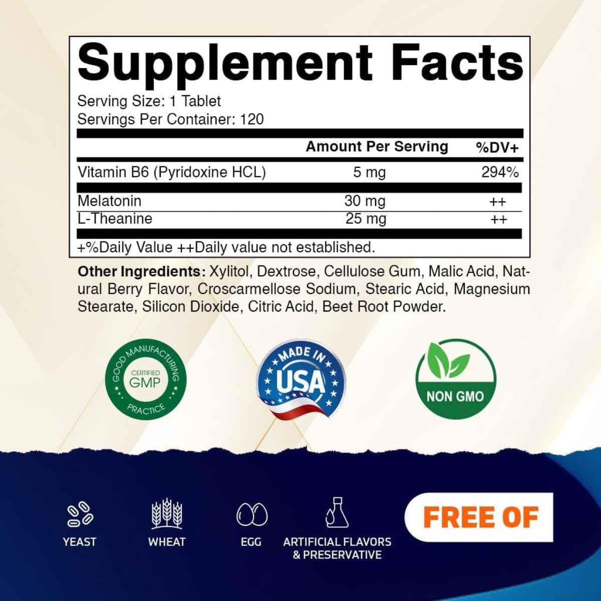 Tabla nutricional del suplemento Vitamatic Melatonina con B6 y L-Teanina (30 mg - 120 Tabletas Masticables)