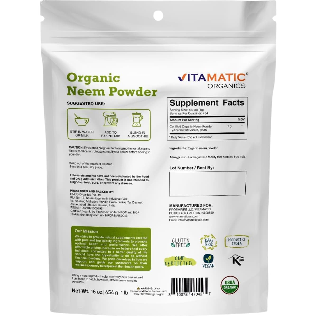 Tabla nutricional del suplemento Vitamatic Neem en Polvo Orgánico 1 lb