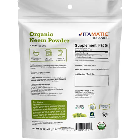 Tabla nutricional del suplemento Vitamatic Neem en Polvo Orgánico 1 lb