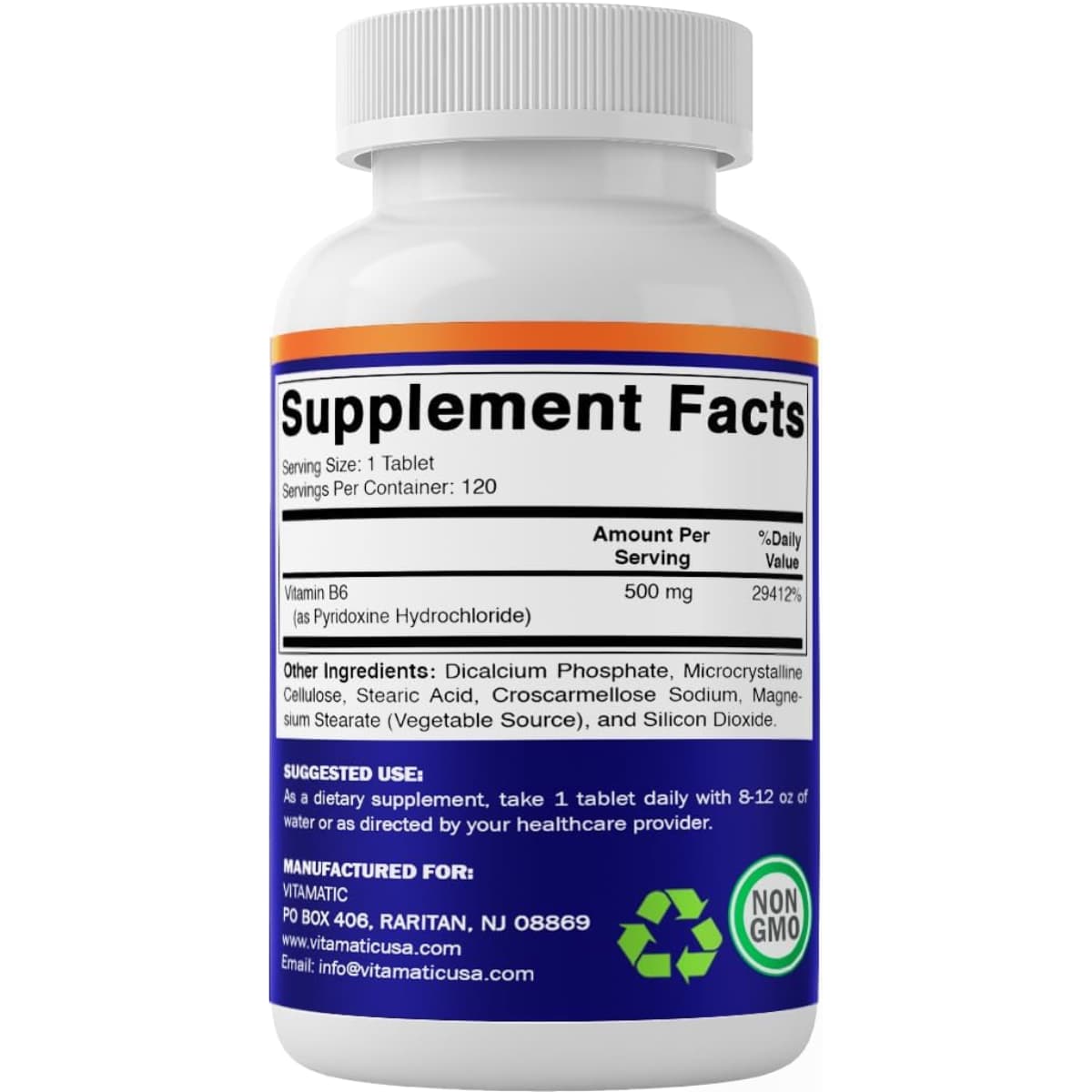 Tabla nutricional del suplemento Vitamatic Vitamina B6 500 mg 120 tabletas