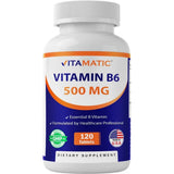 Frasco de suplemento Vitamatic Vitamina B6 500 mg 120 tabletas