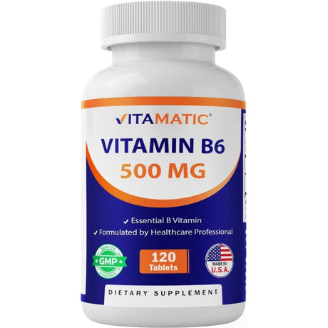 Frasco de suplemento Vitamatic Vitamina B6 500 mg 120 tabletas