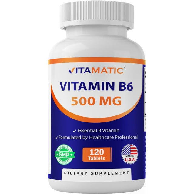 Frasco de suplemento Vitamatic Vitamina B6 500 mg 120 tabletas