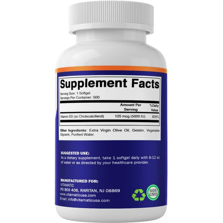 Tabla nutricional del suplemento Vitamatic Vitamina D3 125 mcg 500 cápsulas blandas