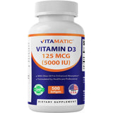 Frasco de suplemento Vitamatic Vitamina D3 125 mcg 500 cápsulas blandas