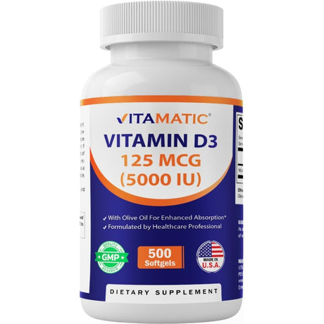 Frasco de suplemento Vitamatic Vitamina D3 125 mcg 500 cápsulas blandas
