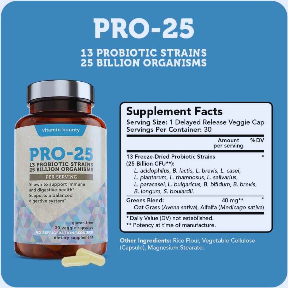 Tabla nutricional del suplemento Vitamin Bounty Pro-25 30 cápsulas vegetales