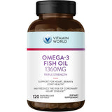 Frasco de suplemento Vitamin World Aceite de Pescado Omega-3 1360 mg 120 cápsulas blandas