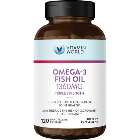 Frasco de suplemento Vitamin World Aceite de Pescado Omega-3 1360 mg 120 cápsulas blandas