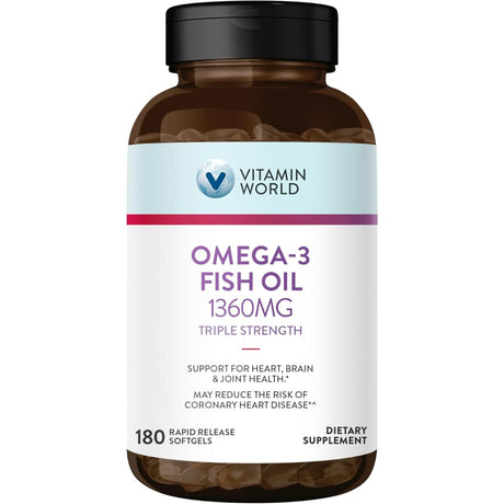 Frasco de suplemento Vitamin World Aceite de Pescado Omega-3 1360 mg 180 cápsulas blandas