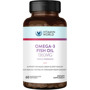 Frasco de suplemento Vitamin World Aceite de Pescado Omega-3 1360 mg 60 cápsulas blandas