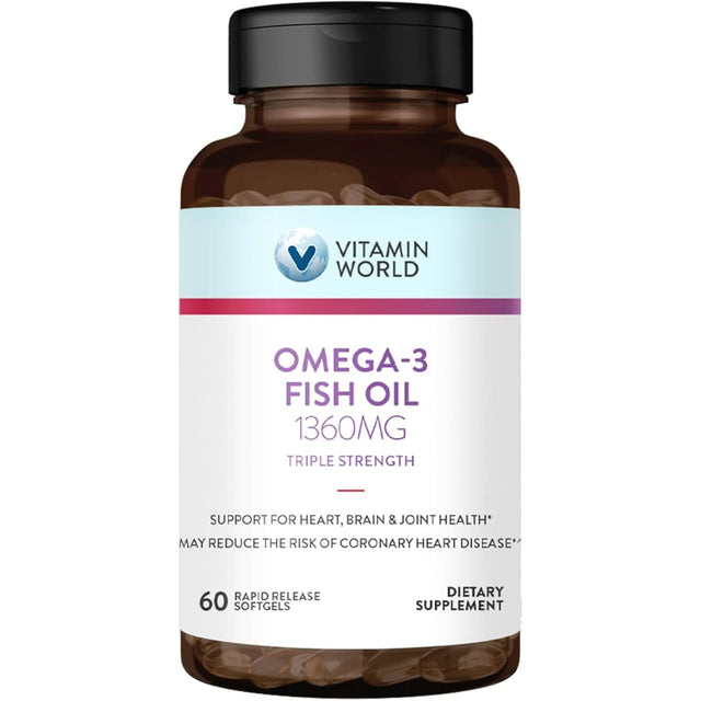 Frasco de suplemento Vitamin World Aceite de Pescado Omega-3 1360 mg 60 cápsulas blandas