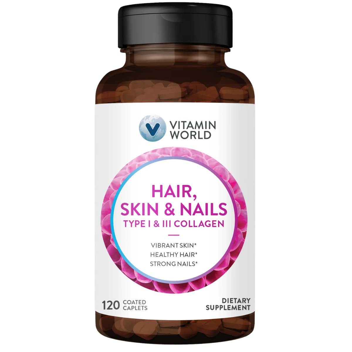 Frasco de suplemento Vitamin World Colágeno Tipo I y III Cabello, Piel y Uñas 120 cápsulas