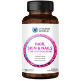 Frasco de suplemento Vitamin World Colágeno Tipo I y III Cabello, Piel y Uñas 120 cápsulas
